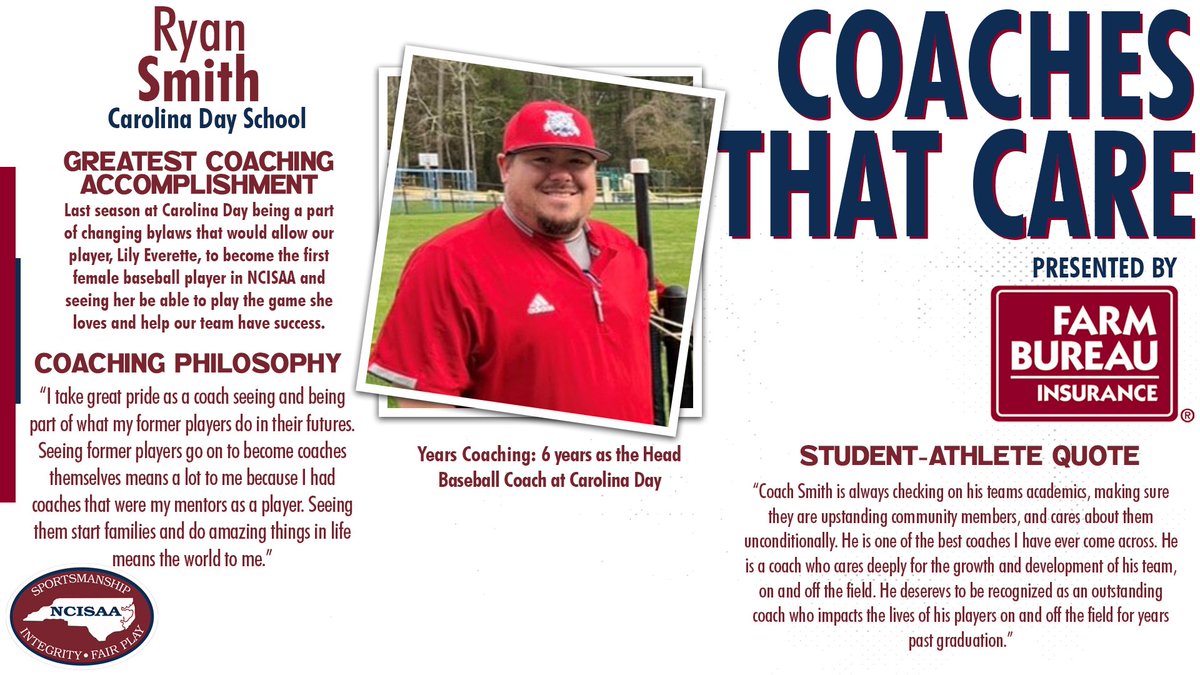 NCISAA1's tweet photo. NCISAA has teamed up with @NCFarmBureau to recognize Coaches that Care. This week's honoree is Coach Smith with @carolinaday.  Congratulations Coach Smith and thank you for all of your hard work and dedication to your student athletes and community! 👏 @CoachRhino26 https://t.co/6diZBF09Kz