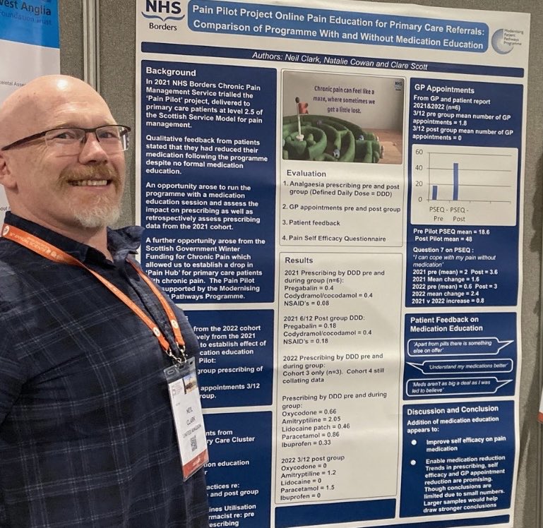 NeilClark74's tweet image. Delighted to present our ⁦@NHSBorders⁩ Pain Pilot and Pain Hub projects at ⁦@BritishPainSoc⁩ .  Couldn’t have done it without our great team.  Also thanks to ⁦⁦@MScPainUoE⁩ for supporting too! #BPSASM2023