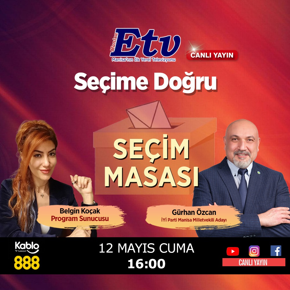 Seçime sayılı günler kala atmosferi değerlendirmek için ETV ekranlarında olacağız. 

ETV'yi Kablo TV 888. kanaldan; etvmanisa.com üzerinden ve facebook; etvmanisa hesaplarından canlı olarak izleyebilirsiniz.