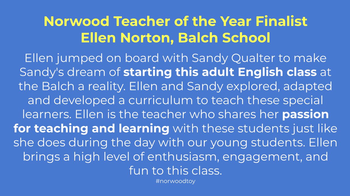 Balch School teacher Ellen Norton is the fifth finalist for the 2023 Norwood Teacher of the Year. Three teachers from the Balch School are among this year's finalists. We'll unveil the winner Friday evening! <a href="/NorwoodSchools/">NPS</a> <a href="/Balchbears1/">Diane Ferreira</a> #norwoodtoy