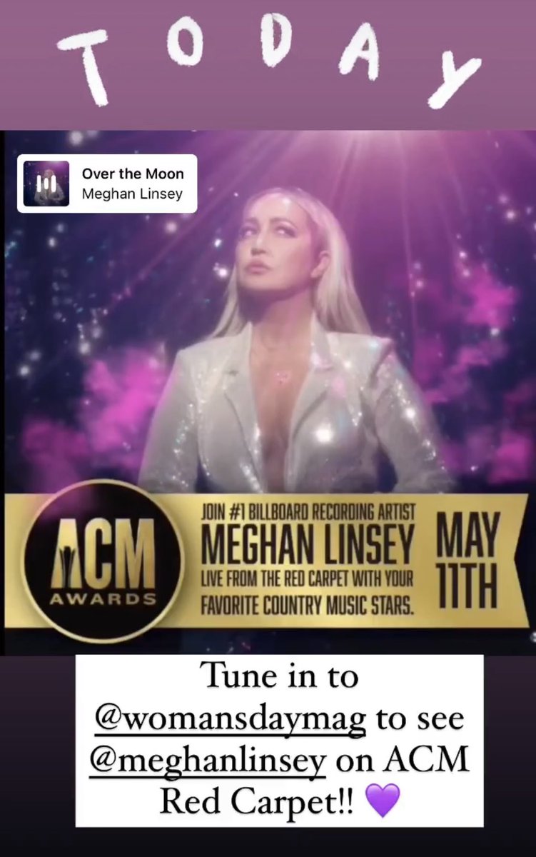 Today!!!! Tune in to <a href="/WomansDay/">Woman's Day</a> on Instagram and Facebook to see the beautiful and fabulous <a href="/meghanlinsey/">Meghan Linsey</a> on the ACM red carpet ;) 💜