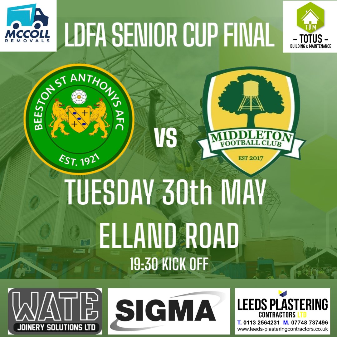The Saints now turn their focus to the <a href="/LeedsFA/">Leeds & District FA</a>  Senior Cup final. 

BSA take on fellow South Leeds side @MiddletonFC1  down at Elland Road. The first encounter between the two sides. 

Tickets available via the link below:
tickets.leedsunited.com/en-GB/events/s… 

#BSA #COYBIG #EuropeanNights