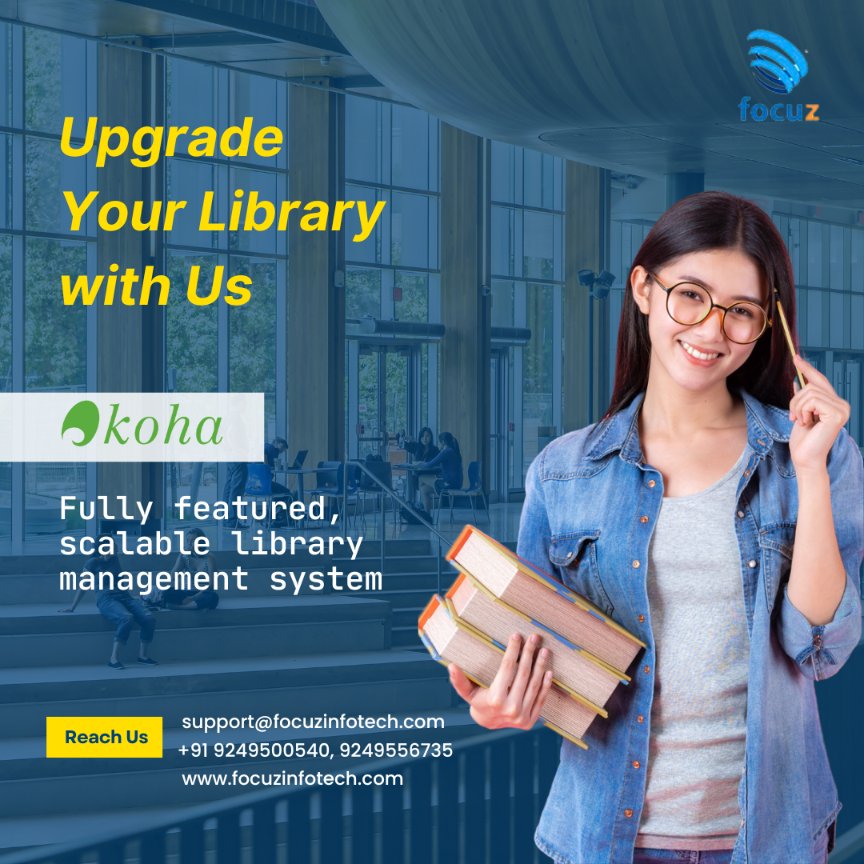 KohaGuru's tweet photo. Koha has made it possible for the library users to effectively manage the collections, circulation, and other aspects of their library. 

#koha #kohasoftware #library #librarian #librarymanagement #kohalms #collegelibrary #opac #openlibrary #focuzinfotech https://t.co/II0UnSqqy7