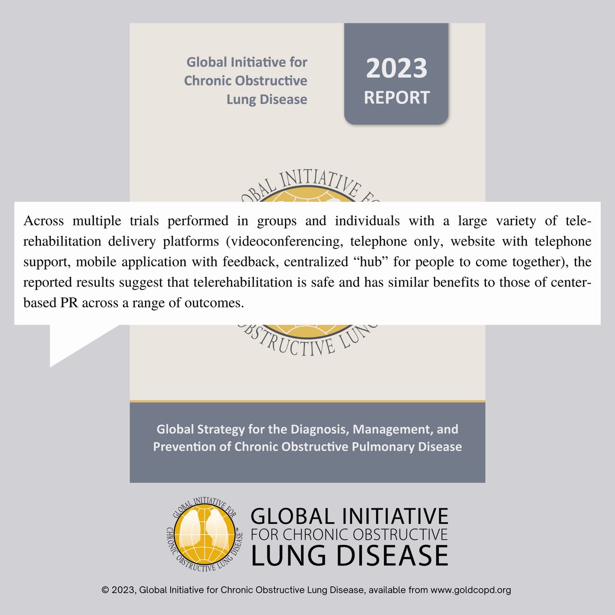 GOLD_COPD's tweet photo. Do you have #COPD patients who qualify for pulmonary rehab but have difficulty negotiating travel? Review new guidance on the pros and cons of tele-rehab on page 76 of #GOLD2023! 

Download GOLD 2023: https://t.co/kVMVJupua4 https://t.co/TG322obdhW