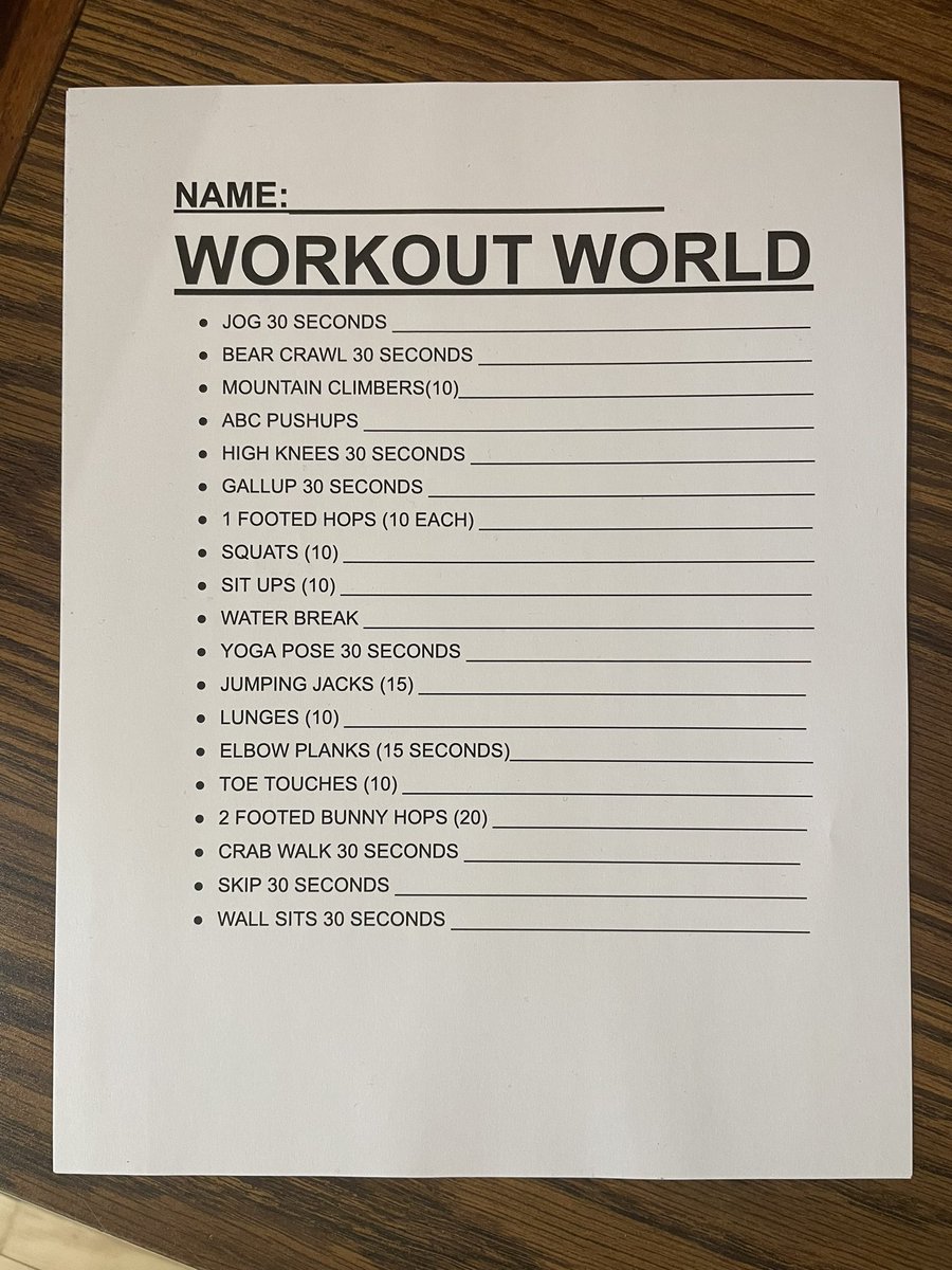 Working on all of our warm up movements learned this year with Workout World. Students pick a partner and a workout, sign their partners sheet, and find a new partner to complete a new workout until their sheets are full