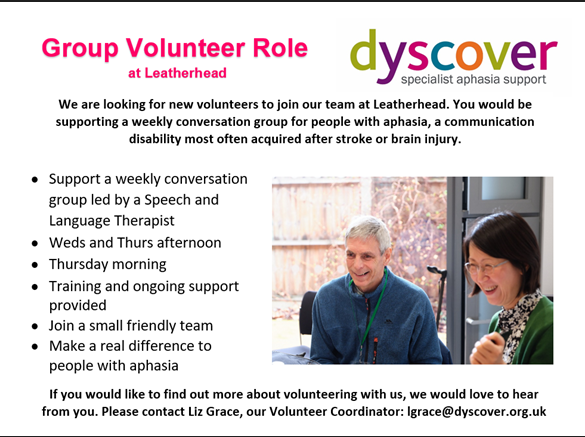 dyscoveraphasia's tweet photo. Volunteers needed - can you spare a few hours a week? We are currently looking for #volunteers to help at Dyscover (#Leatherhead) supporting group conversations for people with #aphasia led by #SLT's. https://t.co/mZqanqYR3L