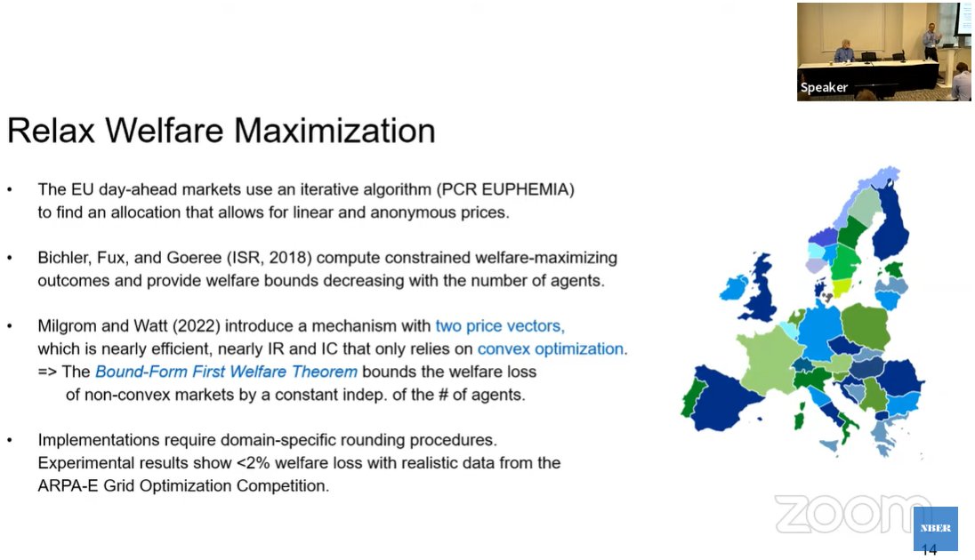 MitchLWatt's tweet photo. Very exciting to see some theoretical work with Paul Milgrom applied in practice to EU electricity markets: a really interesting talk by @mar_bichler on cutting edge approaches to electricity market optimization at @nber #marketdesign conference this morning https://t.co/Z6lFgkksUp