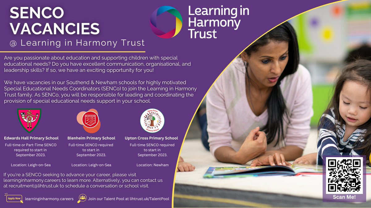 Join the Learning in Harmony Trust family! We're looking for highly motivated SENCos to work in our Southend &amp; Newham schools. Vacancies are live now, find out more at learninginharmony.careers #SENCO #SEND #Essex #London #EduTwitter #SchoolJobs