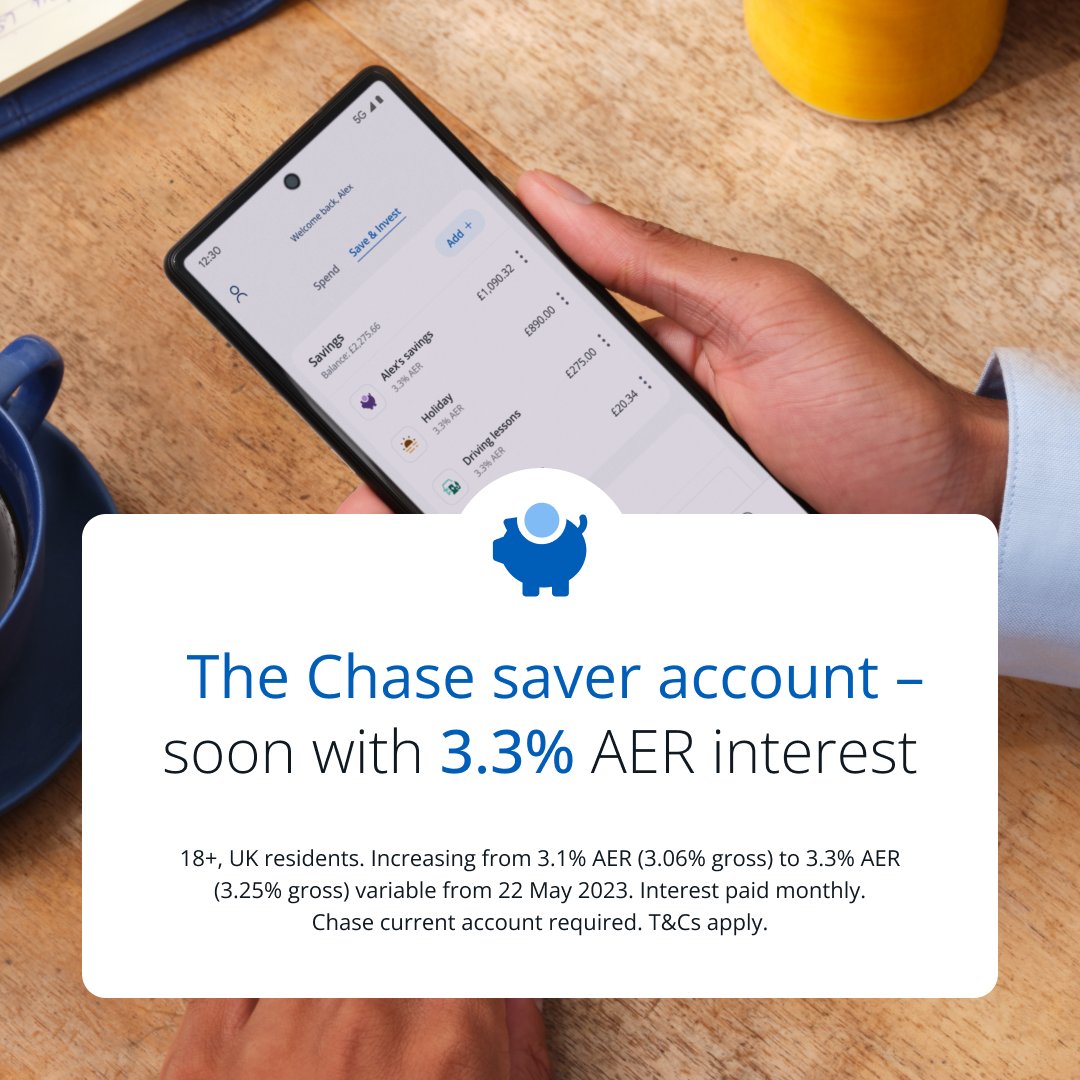 ⬆️ From 22 May, each Chase saver account will earn 3.3% AER (3.25% gross) variable interest!

Don't forget – you can open up to 10 with us. 1/2