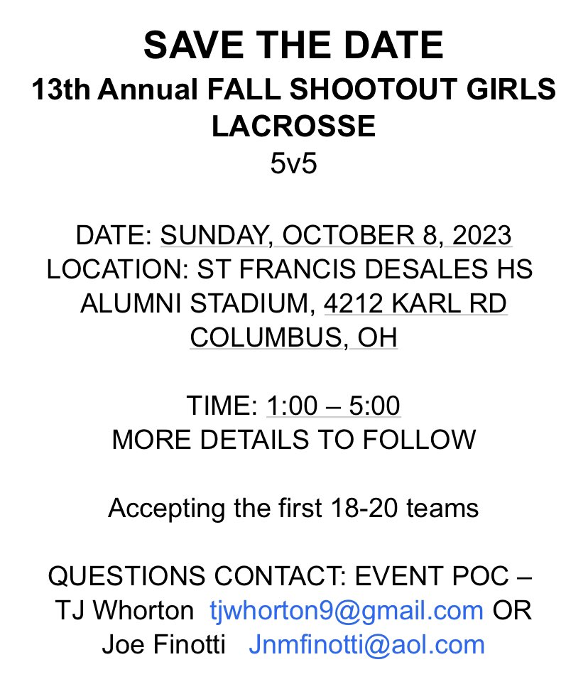 SAVE THE DATE!                 13th Annual 5v5 Fall Shootout.    Oct 8th
More info to come.