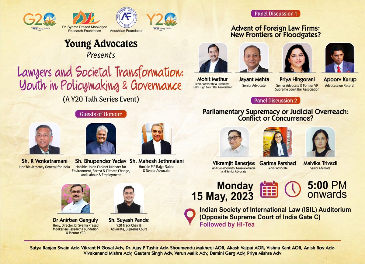 IndiaY20's tweet photo. Join us on May 15th,2023 (5:00 PM onwards) at ISIL Auditorium,Delhi for a thought-provoking  #Y20Talk featuring young advocates as they delve into the powerful role of lawyers in societal transformation. 

@g20org 
@narendramodi https://t.co/twS9g7eGt0
