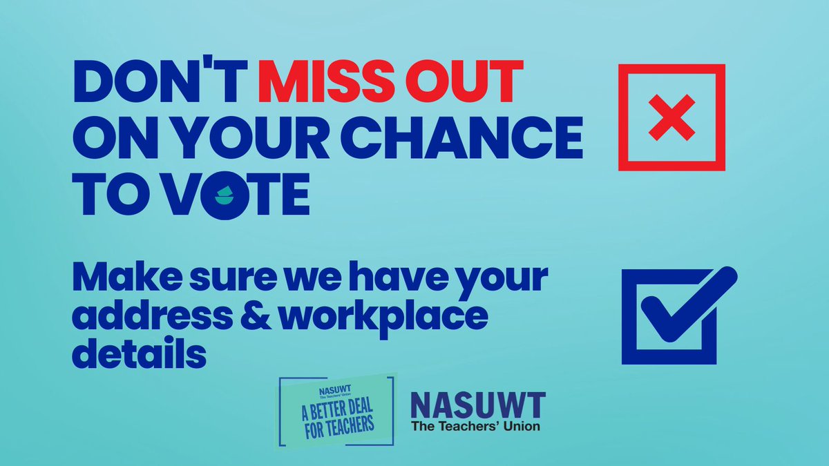 NASUWT: The ballot of members in state funded schools in England opens on 5th June.

Make sure we have your correct address &amp; workplace-don't miss out on your chance to vote.

Check &amp; update your details now: nasuwt.org.uk/contact-us/upd…
