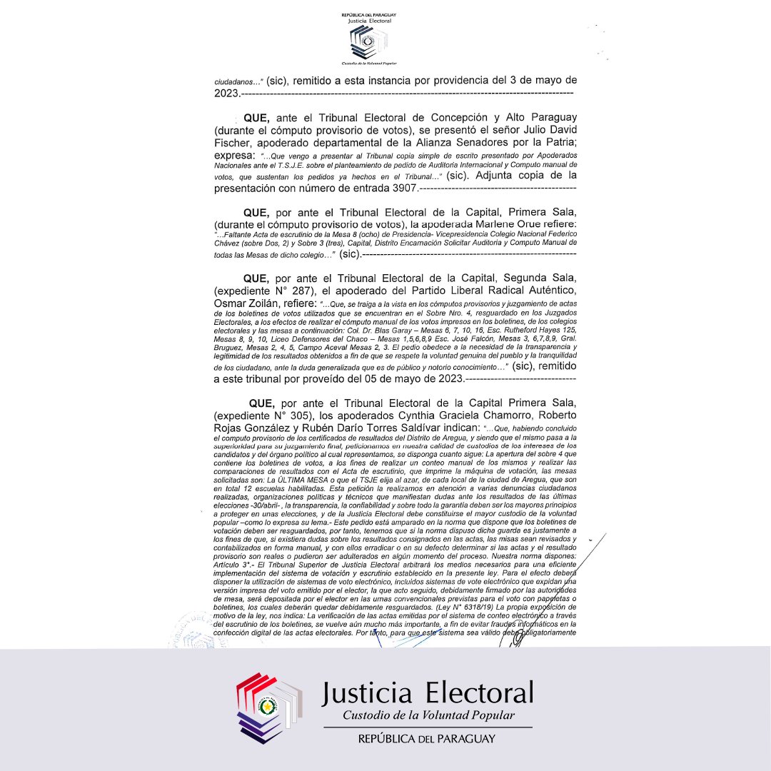 TSJE_Py's tweet photo. Mediante A.I Nº 91/2023, el Tribunal Superior de Justicia Electoral no hace lugar a los pedidos de apertura del Sobre Nº 4 de las Elecciones Nacionales, como también el recuento de boletines de voto. https://t.co/kXmrkq4drc
