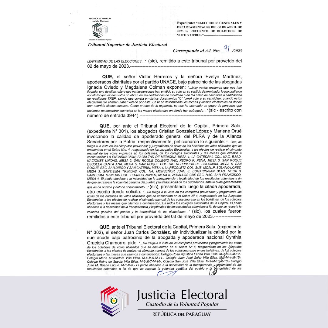 TSJE_Py's tweet photo. Mediante A.I Nº 91/2023, el Tribunal Superior de Justicia Electoral no hace lugar a los pedidos de apertura del Sobre Nº 4 de las Elecciones Nacionales, como también el recuento de boletines de voto. https://t.co/kXmrkq4drc