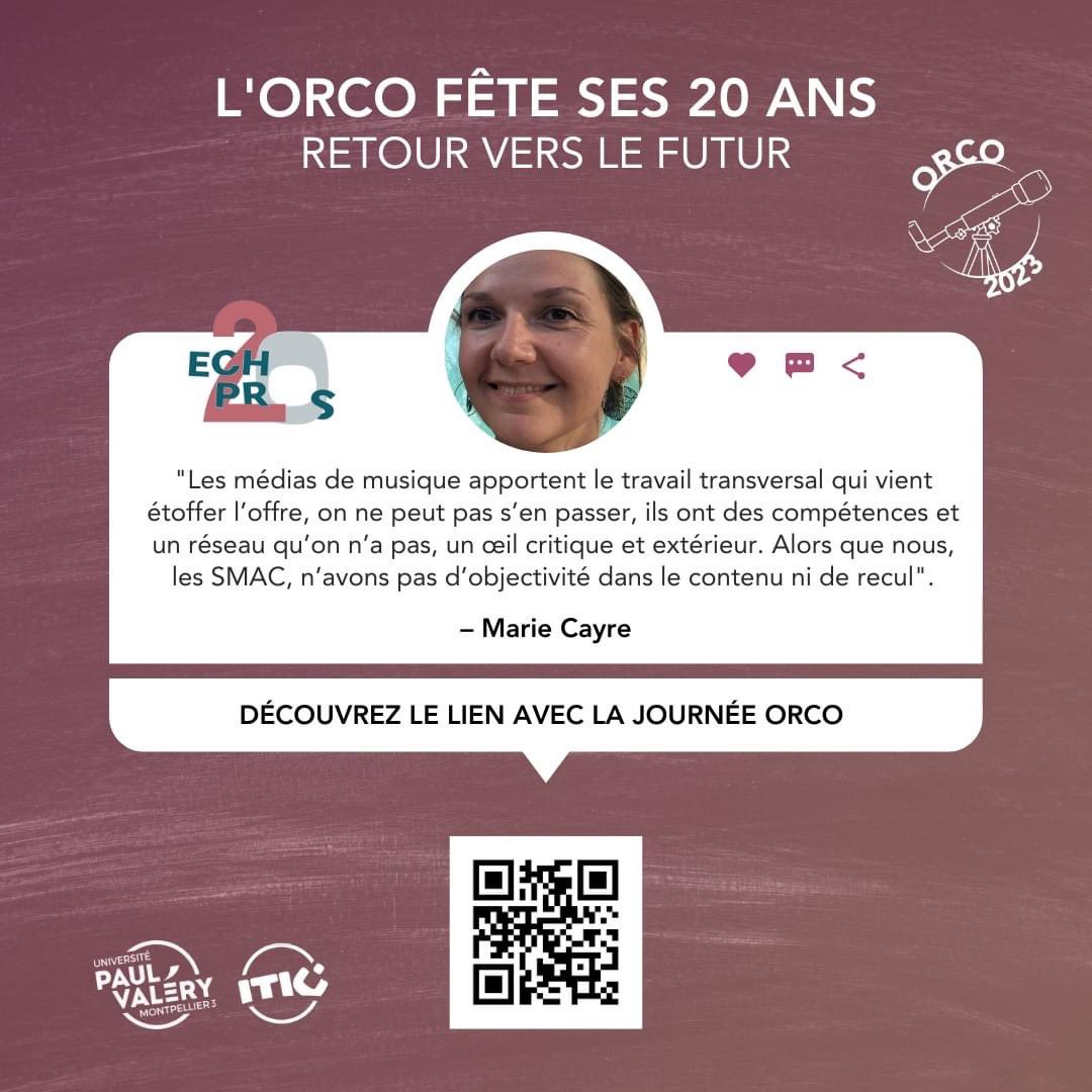 Zoom sur Marie Cayre, chargée de relations publiques de la salle Sonambule à Gignac, qui a participé à l'article "Les scènes musicales actuelles se transforment-elles en de nouveaux médias."
#Echos2Pros2023 #20ans #communication #journal #itic #montpellier #paulvaléry