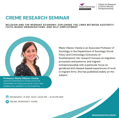 Registration is now open for the final CREME #EngagedScholarship Research Seminar which will be led by Professor María Villares-Varela, Associate Professor of Sociology at the <a href="/unisouthampton/">University of Southampton</a> 

Date: Wednesday 31st May 2023
Time: 14:00 – 15:30 GMT
Location: Online