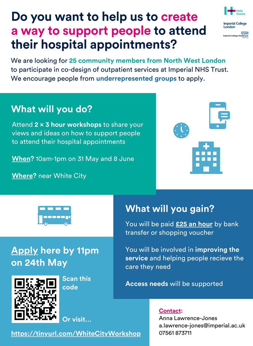 Anna Lawrence-Jones (@annaljswede) on Twitter photo Do you live in #NorthWestLondon? Have you been invited to an appointment at <a href="/ImperialNHS/">Imperial NHS 💙</a> in the last 3 years?
Apply to attend 2 x 3 hour workshops on 31 May & 8 June to come up with ways to support people to attend hospital appointments
Apply by 24 May
tinyurl.com/WhiteCityWorks… Do you live in #NorthWestLondon? Have you been invited to an appointment at <a href="/ImperialNHS/">Imperial NHS 💙</a> in the last 3 years?
Apply to attend 2 x 3 hour workshops on 31 May & 8 June to come up with ways to support people to attend hospital appointments
Apply by 24 May
tinyurl.com/WhiteCityWorks…