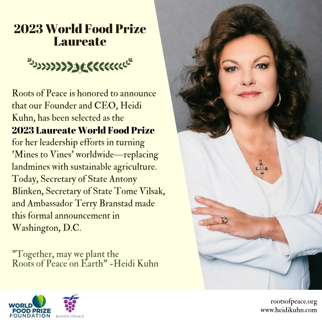 Roots of Peace (@rootsofpeace) on Twitter photo We're overjoyed to announce that founder and CEO Heidi Kuhn has been awarded the 2023 World Food Prize (<a href="/WorldFoodPrize/">World Food Prize Foundation</a>) for her leadership in restoring agriculture to de-mined land in former war zones across the world. 🤩🌿🌾
#rootsofpeace #heidikuhn #worldfoodprize We're overjoyed to announce that founder and CEO Heidi Kuhn has been awarded the 2023 World Food Prize (<a href="/WorldFoodPrize/">World Food Prize Foundation</a>) for her leadership in restoring agriculture to de-mined land in former war zones across the world. 🤩🌿🌾
#rootsofpeace #heidikuhn #worldfoodprize