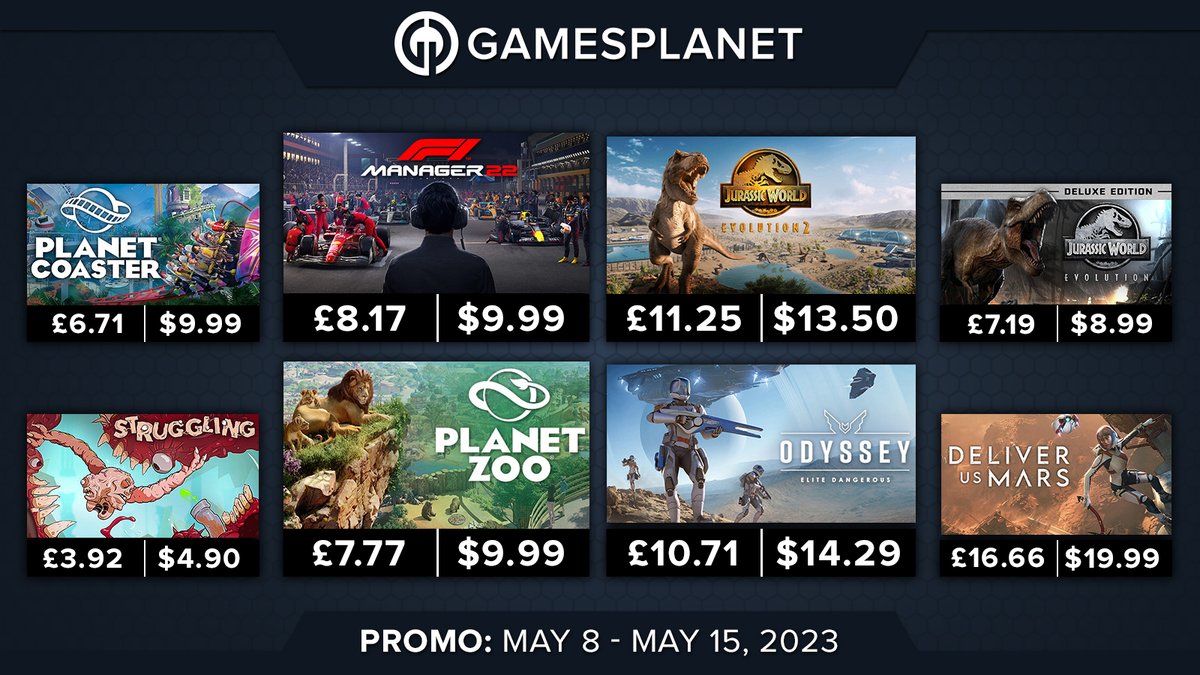 GamesplanetUK's tweet photo. Raise baby dinos, race and build zoos with new @frontierdev deals on #JurassicWorldEvolution, #F1Manager22, #PlanetZoo, #DeliverUsMars and much more! 😊
🦖https://t.co/kfuU5Zol1x
Deals end May 16th at 1am BST https://t.co/p8lwq5yFli