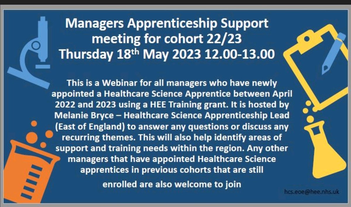 ⭐Melanie Bryce💙 (@melaniebryce11) on Twitter photo Did your department recieve a training grant for a Healthcare Science Apprentice in 2022/2023? Please join me next week to meet with other managers in the region to discuss your experience!
Email hcs.eoe@hee.nhs.uk for more details or comment below 😀
<a href="/EoE_HCS_Network/">East of England Healthcare Science Network</a> Did your department recieve a training grant for a Healthcare Science Apprentice in 2022/2023? Please join me next week to meet with other managers in the region to discuss your experience!
Email hcs.eoe@hee.nhs.uk for more details or comment below 😀
<a href="/EoE_HCS_Network/">East of England Healthcare Science Network</a>
