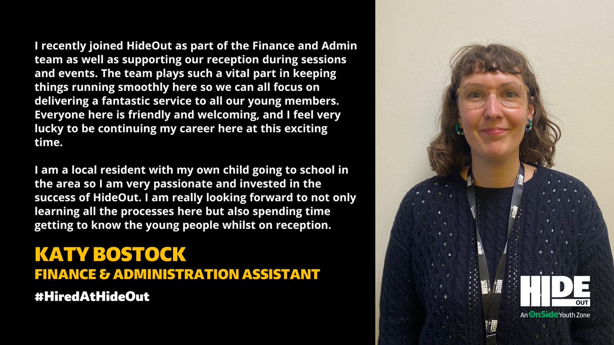 HideOut_YZ's tweet photo. Introducing Katy, who has joined our Finance and Admin team as HideOut's Finance and Administration Assistant π
π€ "I am really looking forward to learning all the processes here and getting to know the young people."
Welcome to #TeamHideOut Katy! π
#HiredAtHideOut https://t.co/Ja81730VPy