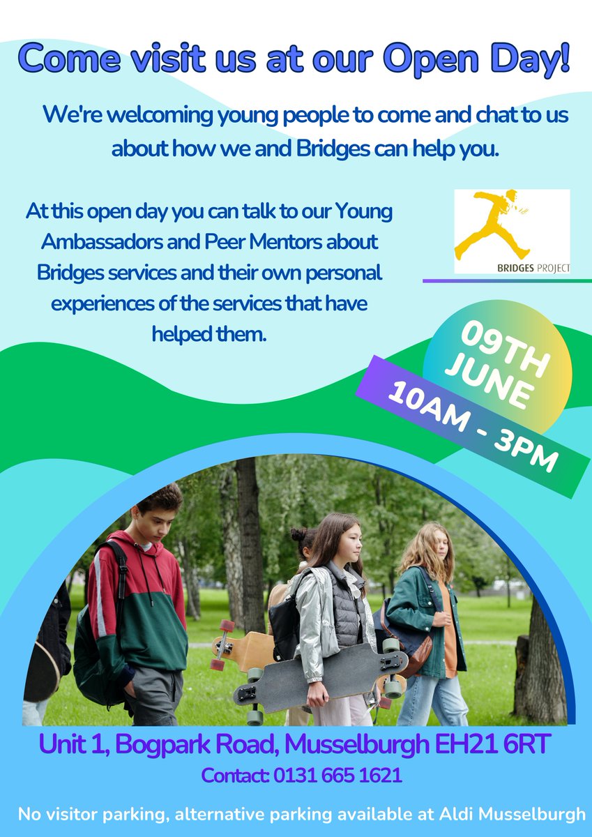 Our Young Ambassadors and Peer Mentors are organising an Open Day for #youngpeople! 

📅 9 June
🕙 10am-3pm
📍At Bridges Project

All young people welcome to drop by 🤗

#YouthLed #PowerOfYouth #LivedExperience