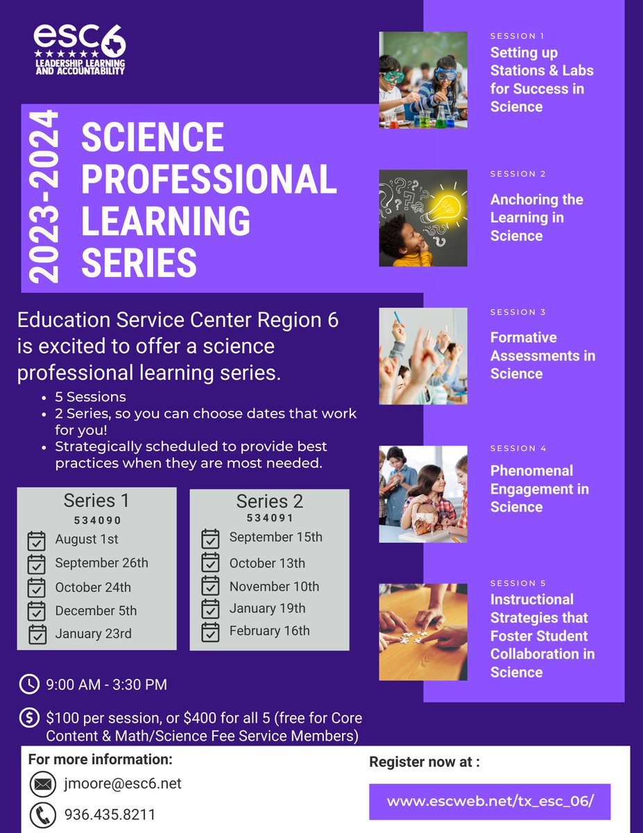 ESC6 is excited to offer a Professional Learning Series in Science for the 2023-2024 school year! Register now, and save! Click link for more details: drive.google.com/file/d/1cX_f1K…