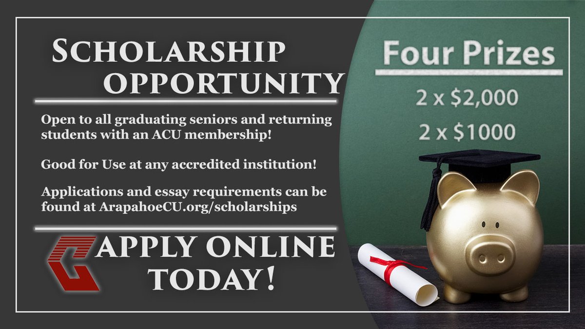 ArapahoeCU's tweet photo. Only one week left!  Arapahoe Credit Union is proud to announce that our scholarship program is back again- this time with FOUR fantastic opportunities! Apply at https://t.co/VuYa5br41A before May 19th! https://t.co/9KkHh1rE9R
