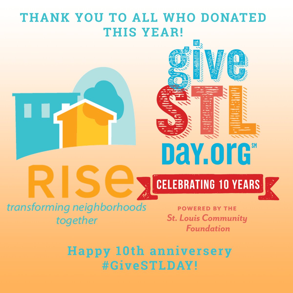 A HUGE thank you from the Rise team to everyone who has supported us this year! There’s still time to show your support with 1 HOUR REMAINING and come together to uplift nonprofits and our community at
givestlday.org/risestl

#GiveSTLDay <a href="/StLouisGives/">St. Louis Community Foundation</a> #stlmo