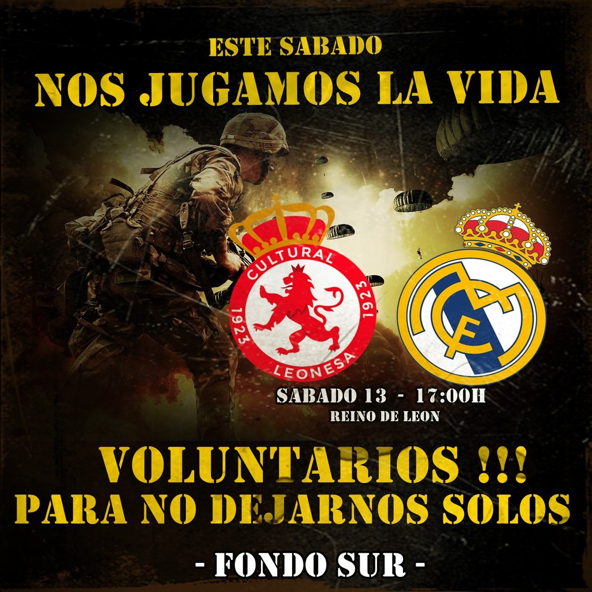 Esto es un llamamiento a la Unión.
Todos por la CULTURAL.
Para que este sábado todo el que quiera apoyar y animar desde el FONDO SUR se dé cita tras la portería para animar todos juntos indistintamente de tu ubicación o peña.

NO ME FALLES LEONESA!!
YO NUNCA TE HE FALLADO!!