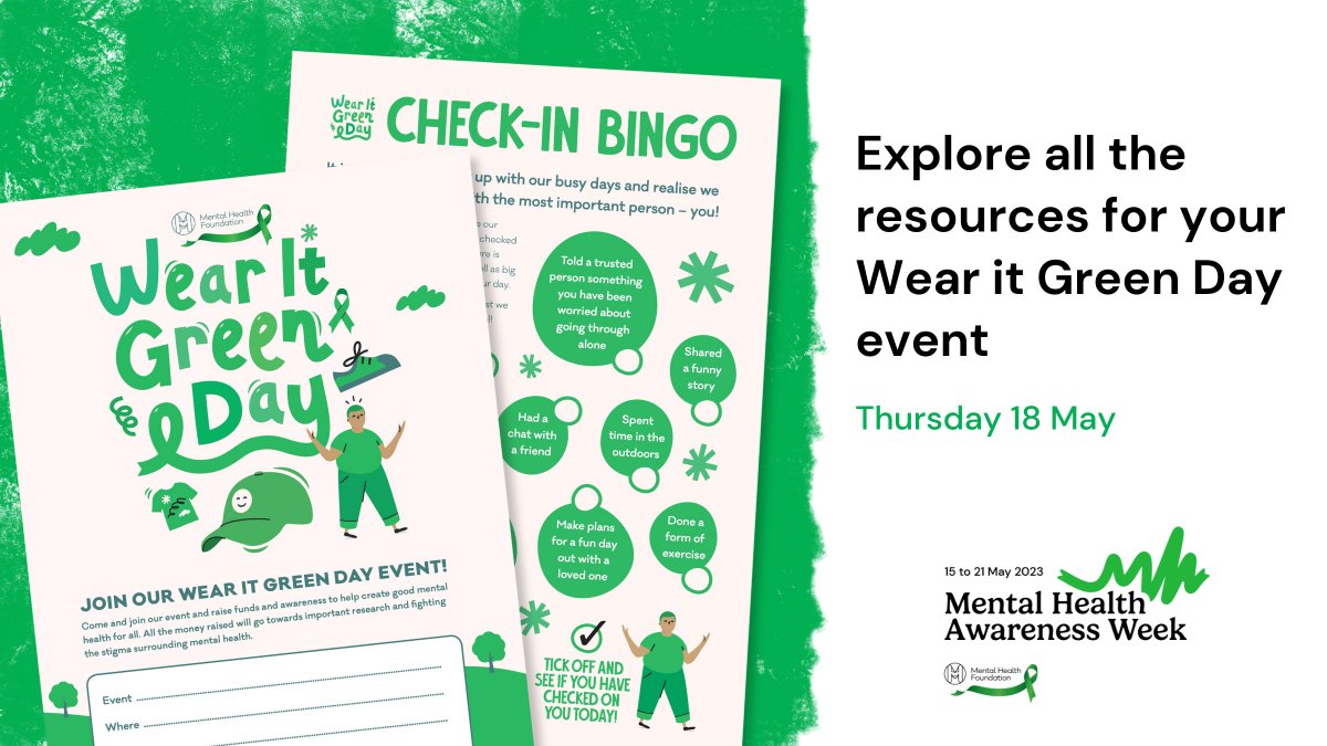 mentalhealth's tweet photo. Wear it Green Day is a fun, easy event to run to support #MentalHealthAwarenessWeek - just wear green! 💚

We've made it even simpler with our helpful resources:
https://t.co/Cq4sKwmF5F https://t.co/hCNfFGG66V