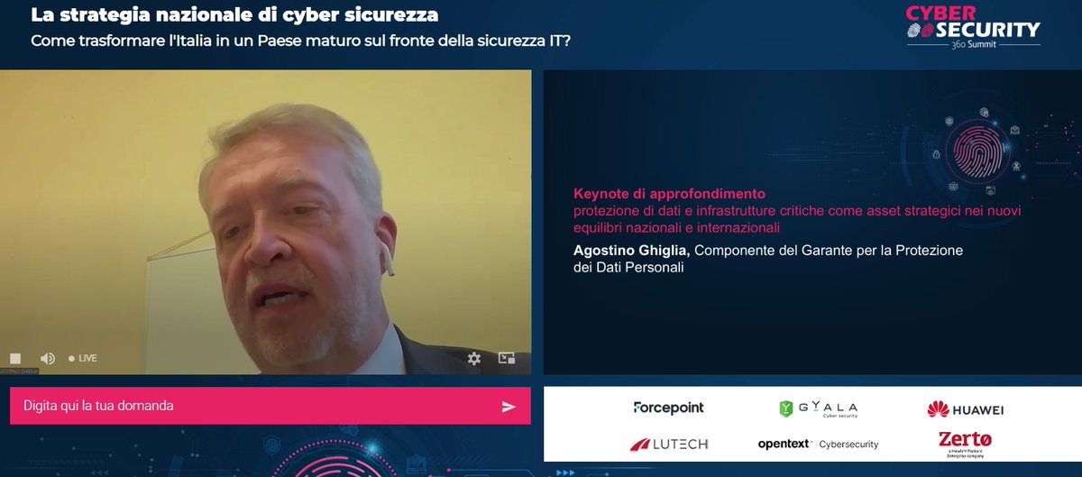 Agenda_Digitale's tweet photo. Ecco il keynote “#Protezione di dati e infrastrutture critiche come asset strategici nei nuovi equilibri nazionali e internazionali” di @GHIGLIAAGOSTINO @GPDP_IT #CySec360summit @Cybersec360 https://t.co/v1mnD4FeAd