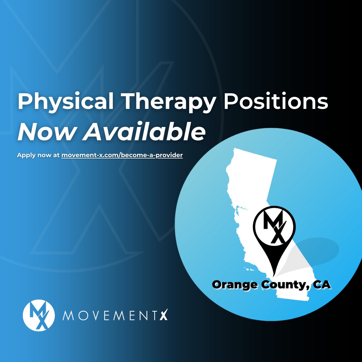 We're looking for more physical therapists in Orange County, CA 🌴

Looking to take your career to the next level? Click to learn more about joining MovementX.

movement-x.com/become-a-provi…

#JoinTheMovement