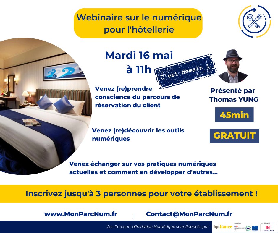 🕑C'est demain ! Thomas Yung sera ravi de répondre à toutes vos questions !
🌐MonParcNum.fr
<a href="/GHR_HCR/">GHR</a> <a href="/artiref/">Thomas Yung</a> <a href="/SNRTC_France/">SNRTC</a> <a href="/CGAD_france/">CGAD</a> <a href="/FairBooking/">Fairbooking</a> <a href="/tendanceh/">TendanceHôtellerie</a> <a href="/foodhoteltech/">Food Hotel Tech</a> <a href="/Equiphotelparis/">EquipHotel Paris</a>
