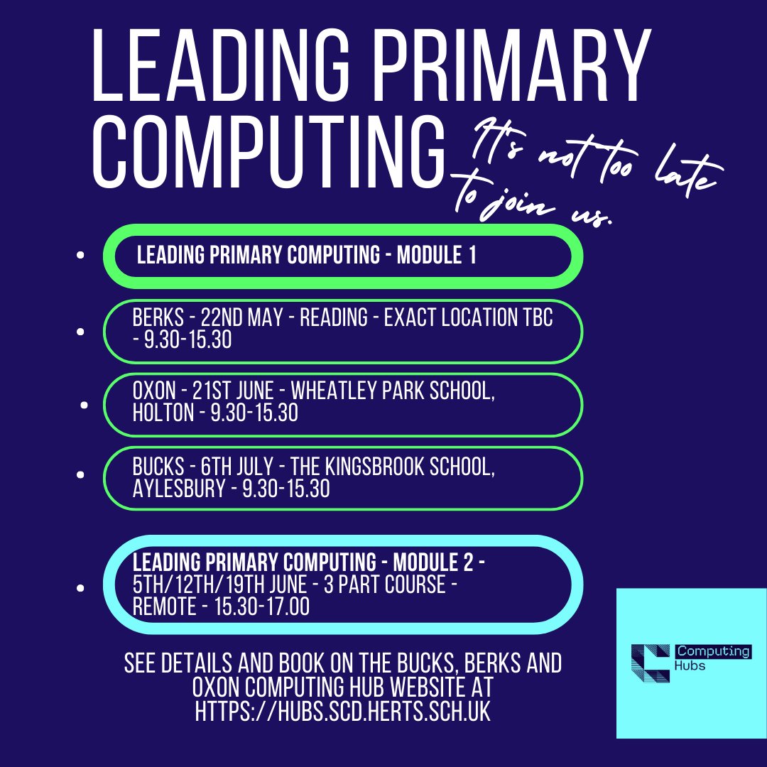 Still time to book a place on one of the Leading Primary Computing courses with @ComputingHubBaO hubs.scd.herts.sch.uk/computing-cpd-… #computing #cpd #Bucks #Berks #Oxon #PrimaryTeachers #NCCE @PhilWickins @Mr_J_Mayling