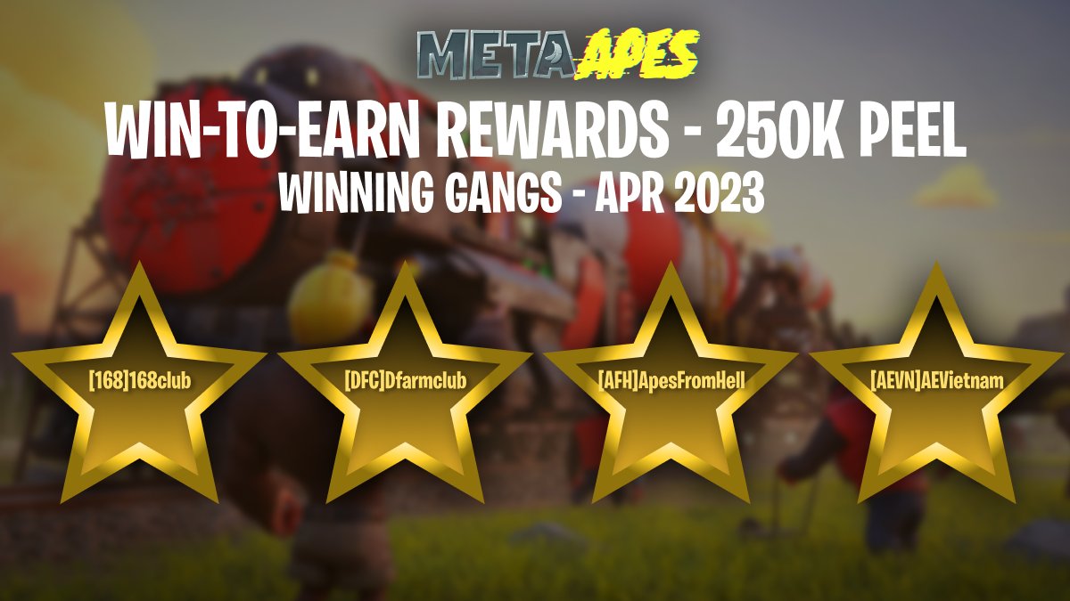Announcing the winners of Apr 2023 #WintoEarn Rewards (250k $PEEL).🥁🎉

Congrats to the four gangs:
🏆[168]168club 
🏆[DFC]Dfarmclub
🏆[AFH]ApesFromHell
🏆[AEVN]AEVietnam

Winning players: docs.google.com/spreadsheets/d… 

🚨Please keep your wallets connected to your player ids in-game