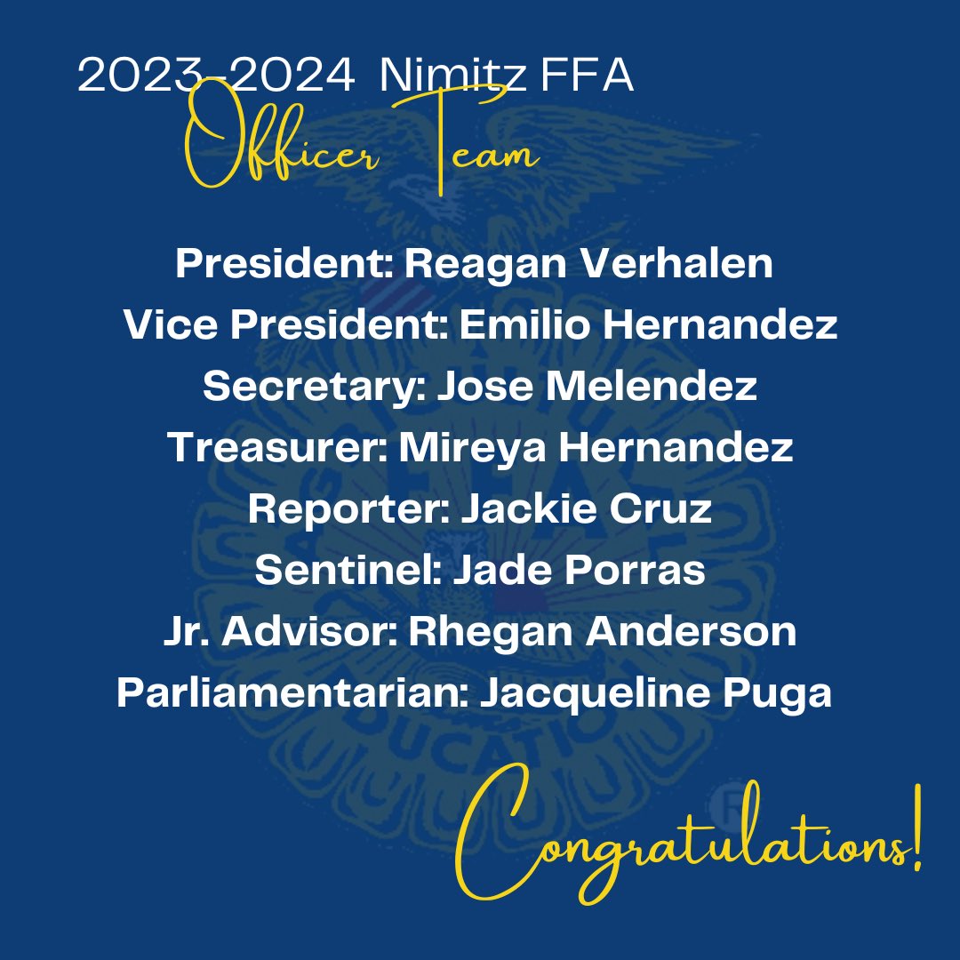 NimitzFFA's tweet photo. Congratulations to the 23-24 Nimitz FFA officer team!!!! https://t.co/NLh0konynq