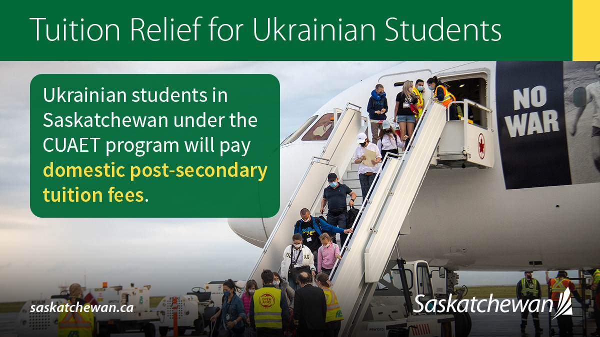 SKStudents's tweet photo. Ukrainian students who have arrived in Saskatchewan under the Canada-Ukraine Authorization for Emergency Travel program will pay domestic tuition at Saskatchewan’s post-secondary institutions. Learn more: https://t.co/cmSLesacAr 
#skstudents #studyinsask #sksupportsukraine @skgov https://t.co/zduRTaimnx
