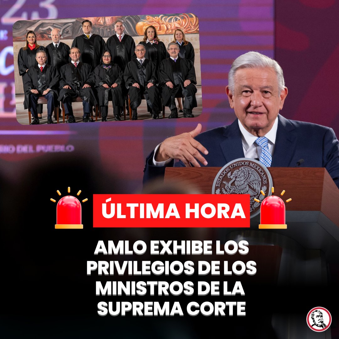 🚨#ÚLTIMAHORA El Presidente @lopezobrador_ exhibió en su conferencia mañanera los 40 privilegios que tienen las y los ministros de la @SCJN 👇 1. Sueldos muy superiores al del presidente de la República, de 297 mil 403.77 pesos mensuales. 2. Aguinaldos exagerados de 586 mil…