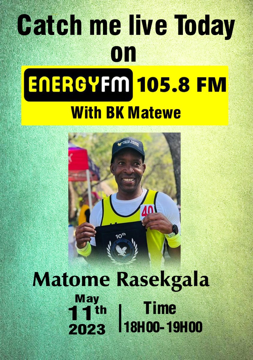 #VintageThursday 
Limpopo runner extraordinare Matome Rasekgala will be @bkmatewe's guest

- Comrades Marathon Green number.
-Om Die Dam Blue number
-Loskop Ultra  Blue number 
-Johnson Crane Permanent number

6-7pm
On @EnergyfmSA & @ChoiceFMSA

#RadioAssistantReferee