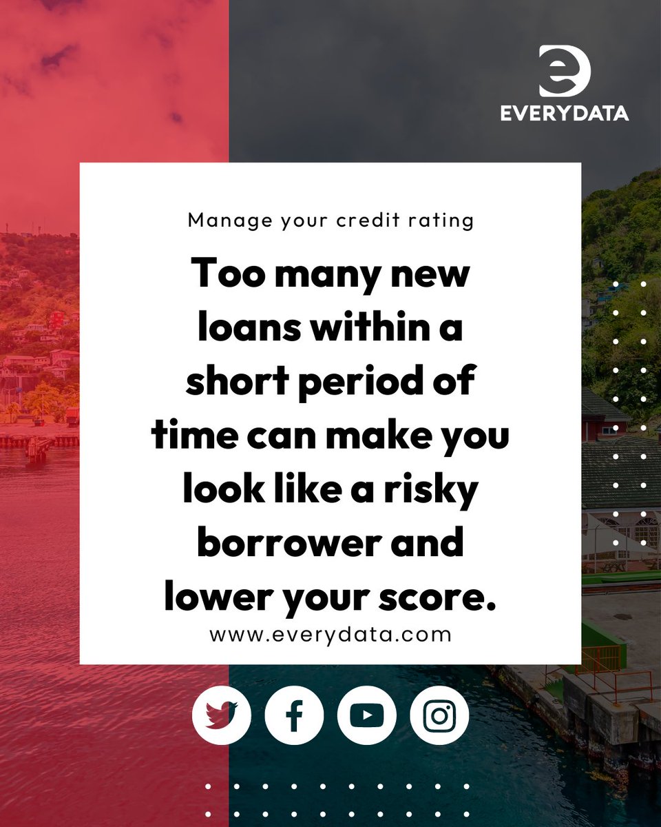EveryDataBB's tweet image. Avoid applying for too many loans in quick succession as this can affect your credit risk profile as a borrower. #everydata #everydatagroup #everydatajamaica #everydataguyana #everydatabarbados #everydataeccu #creditbureau #morethanacreditbureau #bigdata #dataanalytics