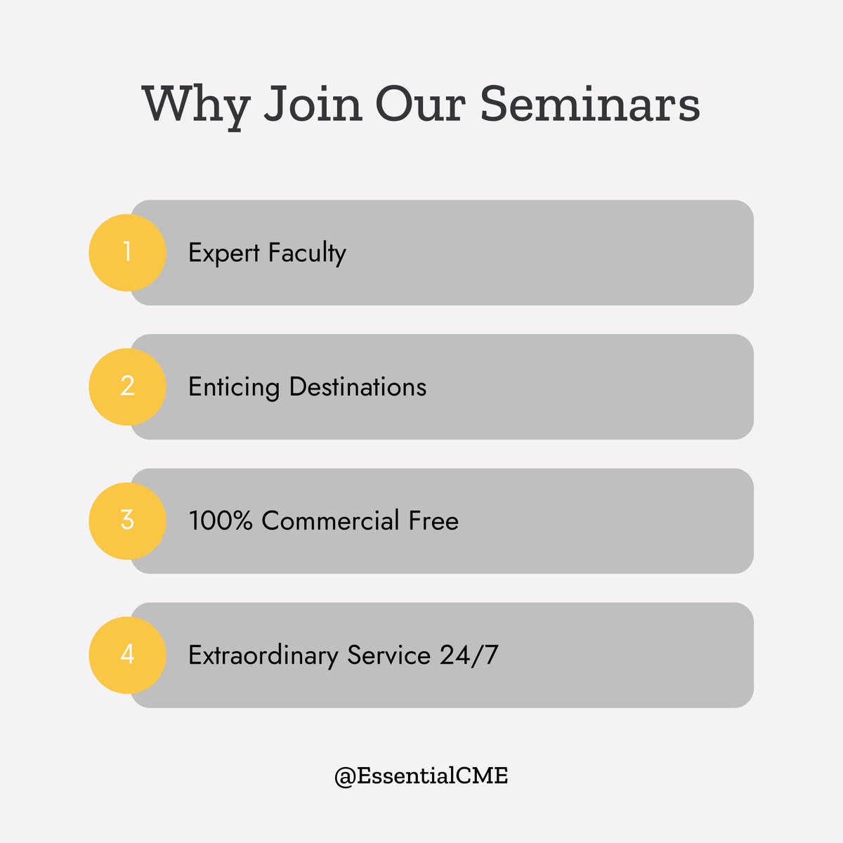 EssentialCME's tweet photo. Why attend our seminars? EssentialCME...
⇾ features nationally recognized speakers covering issues relevant to you
⇾ has fully accredited CME seminars for EM in amazing destinations⁣
⇾ is 100% free of commercial influence⁣
⇾ is available 24/7
https://t.co/j0vZ6Ndcmh https://t.co/24fzVXULfb