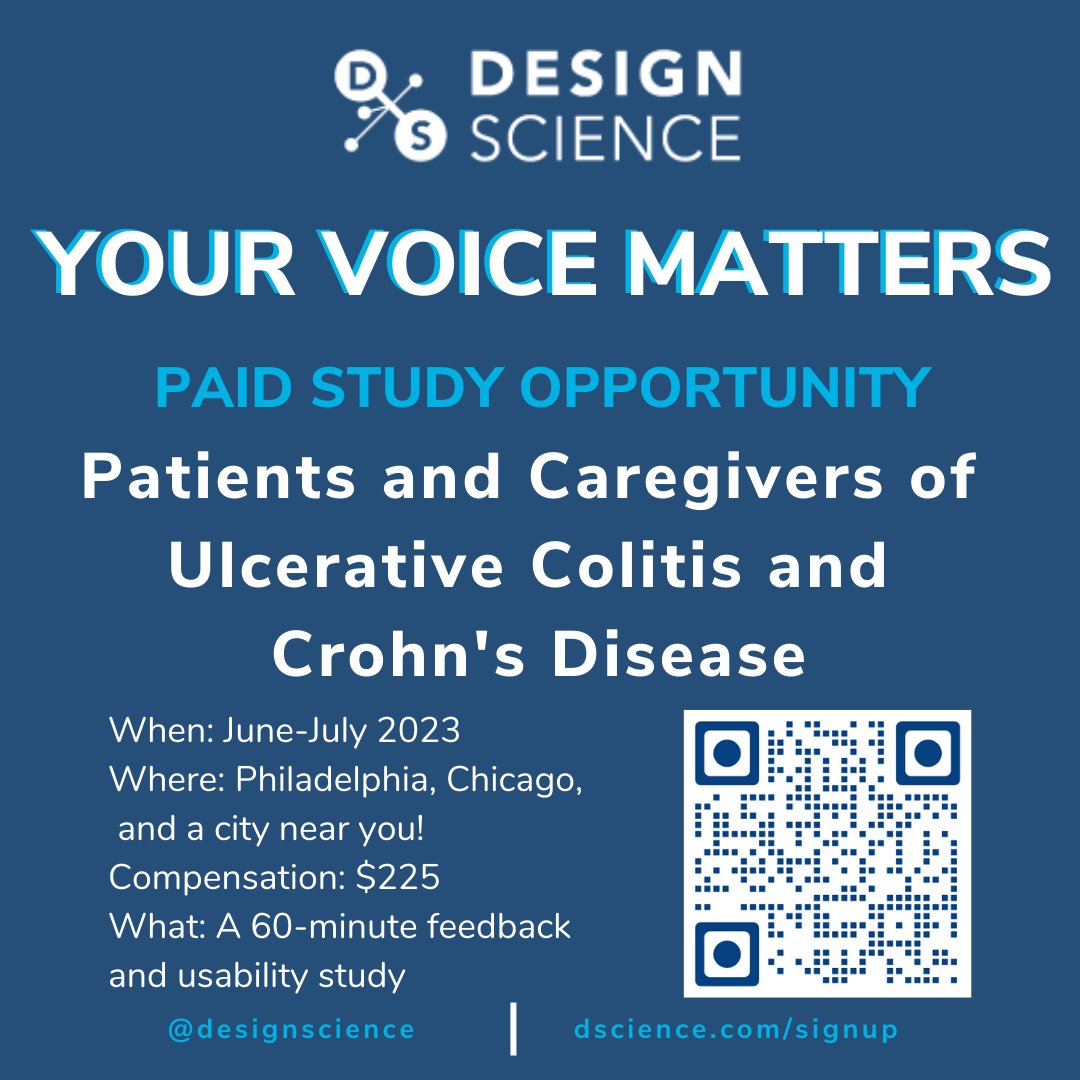 designscience's tweet image. Your voice can make a difference! Share this opportunity with someone you know who is affected and earn $20 for every person who participates in this upcoming study. 

#crohnsdisease #crohns #ulcerativecolitis #ibd #crohnsawareness