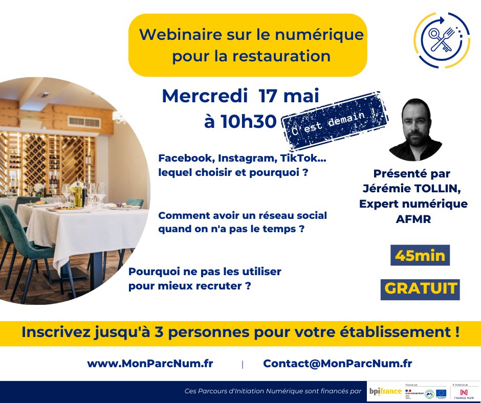 C'est DEMAIN !!
Notre expert Jérémie Tollin vous attend demain à 10h30 pour vous donner ses multiples conseils numériques afin d'améliorer vos recrutements !
Inscription -> 🌐 MonParcNum.fr
<a href="/GHR_HCR/">GHR</a> <a href="/artiref/">Thomas Yung</a> <a href="/SNRTC_France/">SNRTC</a> <a href="/CGAD_france/">CGAD</a> <a href="/foodhoteltech/">Food Hotel Tech</a> <a href="/Equiphotelparis/">EquipHotel Paris</a>