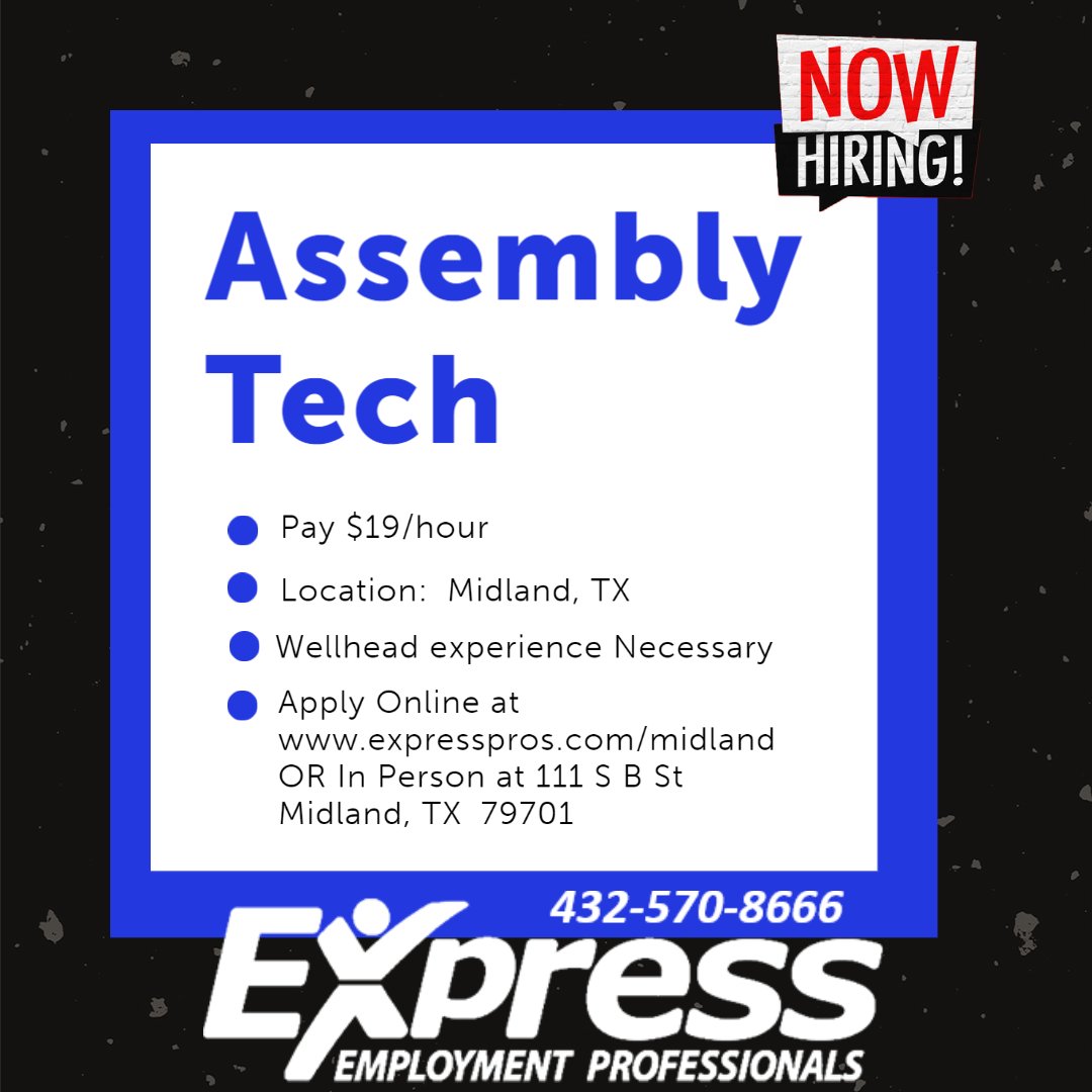 ExpressMidland's tweet image. Assembly Tech Position available in Midland TX! Experience with Wellhead and valves a must! Pay starts @ $19/hour Apply today! Call 432-570-8666 for more information!
#Wellhead #Assembly #NowHiring #ExpressProsMidland #ExpressPros #JOBS