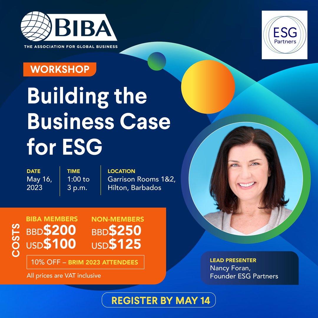 Join BIBA and BRIM 2023 Conference Speaker Nancy Foran for this in-person workshop where we dive deeper into making the business case for Environmental, Social and Governance (ESG) in your corporate strategy. Register here: conta.cc/42DyRqq