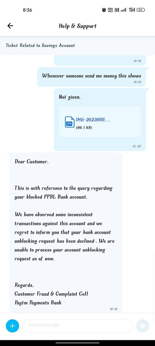 Tanishksin41105's tweet photo. @narendramodi @PMOIndia @RBI @pushpendrakum @paytmbankcare @PaytmBank  
My Paytm bank account was blocked after that I've talked to cyber cell officer and after all the process the cyber cell officer has sent the NOC for unblocking my account. But my bank account is still blocked https://t.co/dsTFziE8Cj