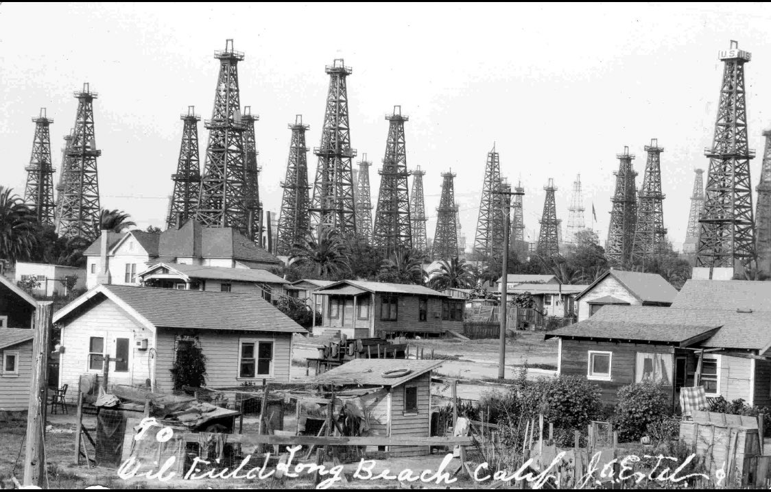A post card showing oilfield in Long Beach, California, 1900.