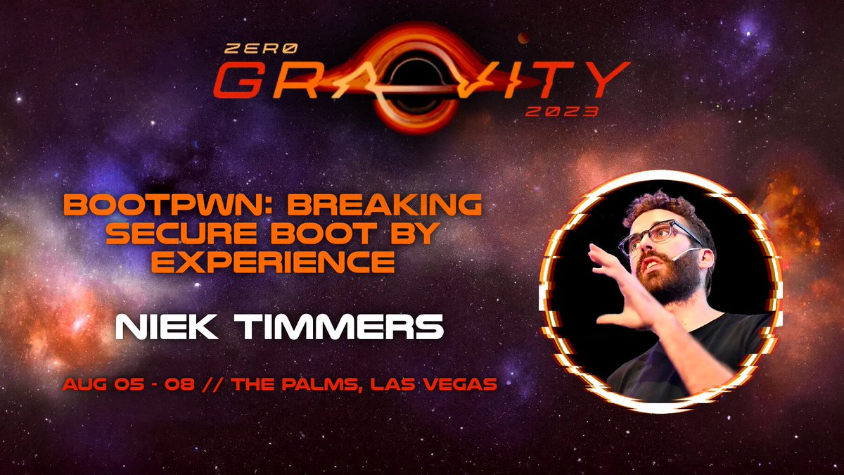 _ringzer0's tweet photo. 🥾 Boot up your security skills at #BootPwn, the #cybersecurity #training by @tieknimmers that will have you 'laced up' and ready to #exploit #SecureBoot vulnerabilities. This summer, make vulnerabilities your game, at #ZER0GRAVITY in Las Vegas!

🎟️ https://t.co/os9iVfFhVO https://t.co/D8HZfZjBTC