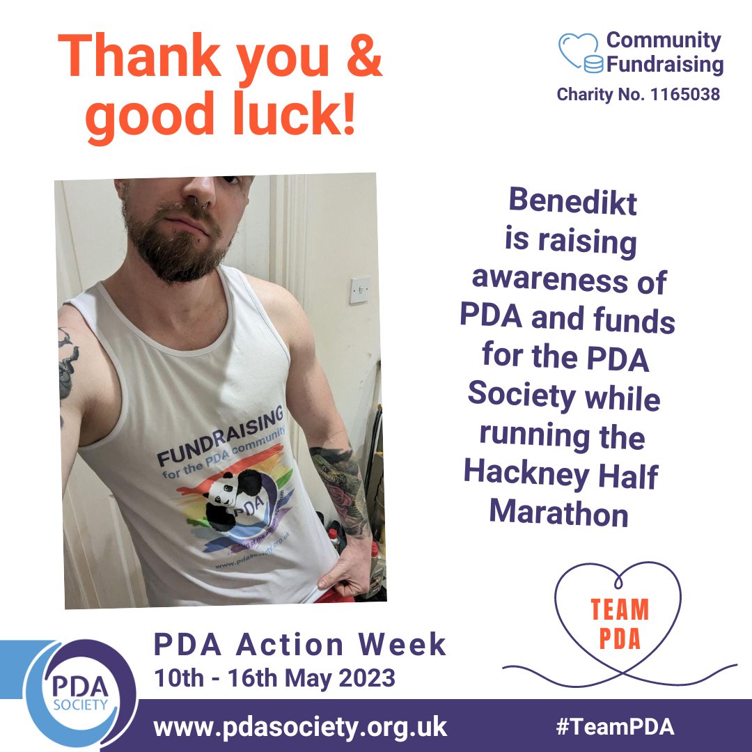 PDASociety's tweet image. A big thank you &amp;amp; good luck to Benedikt who is raising awareness of #PDA &amp;amp; funds for @PDASociety while running the #HackneyHalf! We're incredibly grateful for your support, Benedikt!

To donate &amp;amp; read Benedikt's #TeamPDA story, pls visit: gofundme.com/f/hackney-half…

#PDAActionWeek